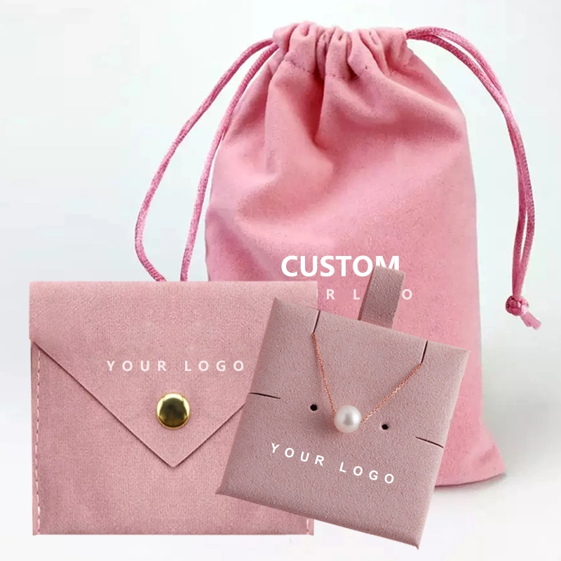 Wholesale Eco Friendly Custom Printed Velveteen Flap Velour Drawstring Packaging with Logo Divider Insert Card Display for Earring Suede Velvet Jewelry Pouch